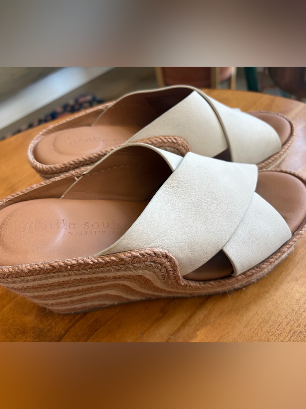 gentle souls Cream Leather Crisscross Espadrille Wedges
